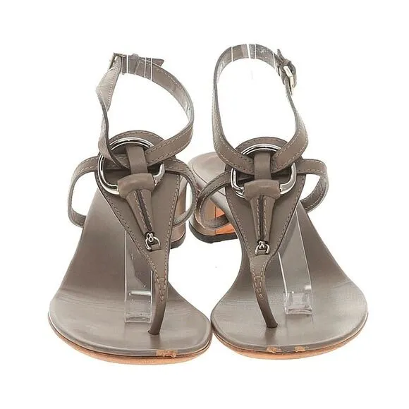 Authentic Gucci Taupe Leather Thong Block Heel Sandal Size EU 39.5/US 9