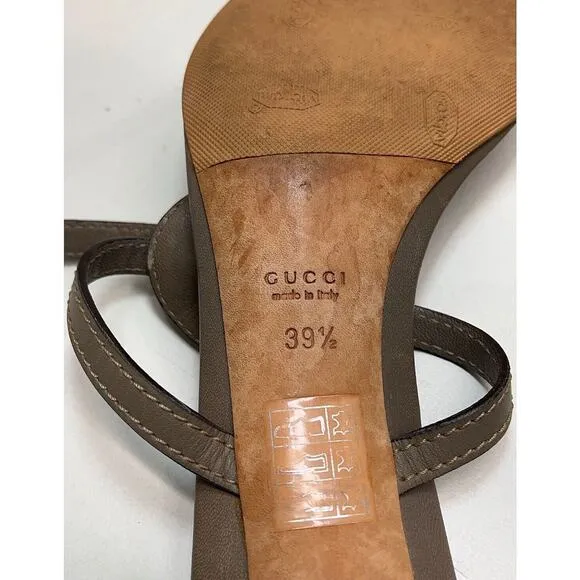 Authentic Gucci Taupe Leather Thong Block Heel Sandal Size EU 39.5/US 9