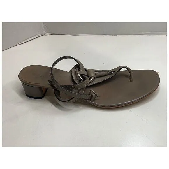 Authentic Gucci Taupe Leather Thong Block Heel Sandal Size EU 39.5/US 9