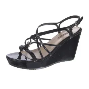 Authentic PRADA Black Patent Leather Strappy Wedge Sandals Size 10
