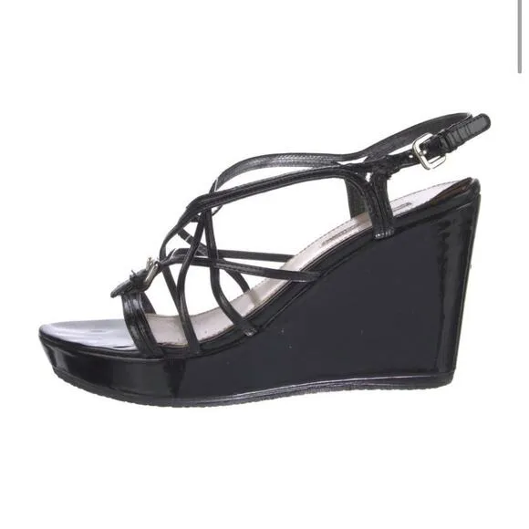 Authentic PRADA Black Patent Leather Strappy Wedge Sandals Size 10
