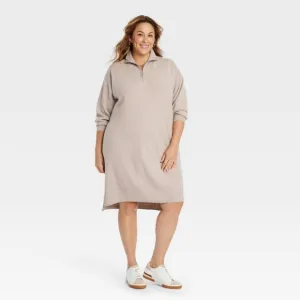 Ava &amp; Viv women’s quarter zip long sleeve mini sweater dress taupe XXL