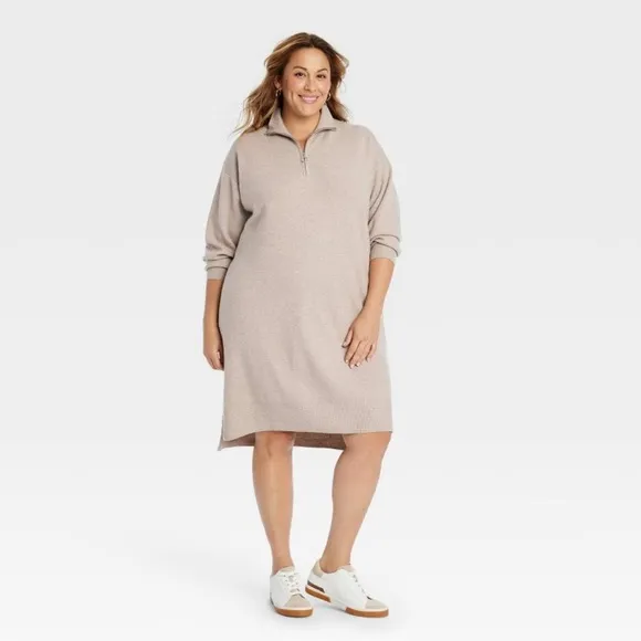 Ava &amp; Viv women’s quarter zip long sleeve mini sweater dress taupe XXL