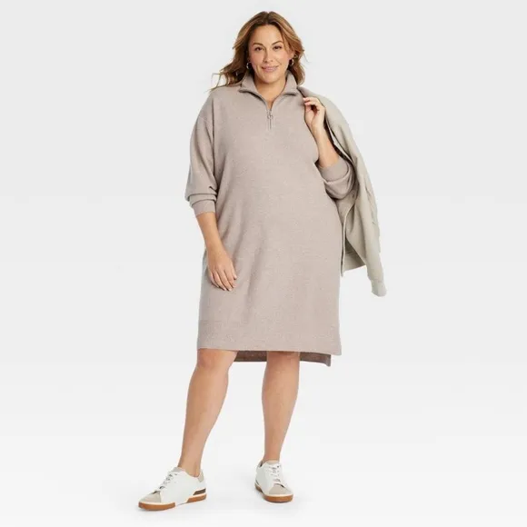 Ava &amp; Viv women’s quarter zip long sleeve mini sweater dress taupe XXL