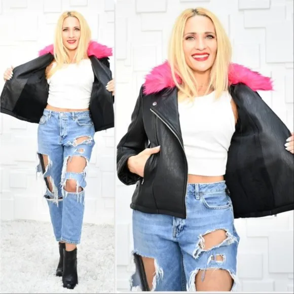 AYRA Moto Faux leather Biker Black Jacket  REMOVEABLE COLLAR