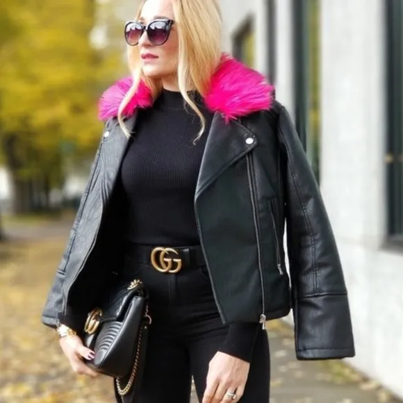AYRA Moto Faux leather Biker Black Jacket  REMOVEABLE COLLAR