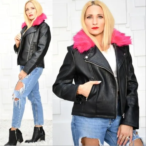 AYRA Moto Faux leather Biker Black Jacket  REMOVEABLE COLLAR