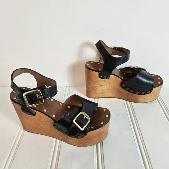 B. Margiela Shoes Black Wood Platform Wedge Sandal Heels Womens Size 8 Chunky