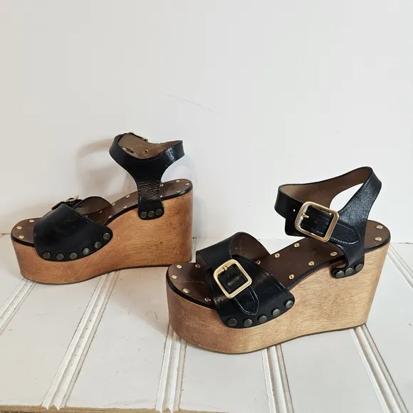 B. Margiela Shoes Black Wood Platform Wedge Sandal Heels Womens Size 8 Chunky