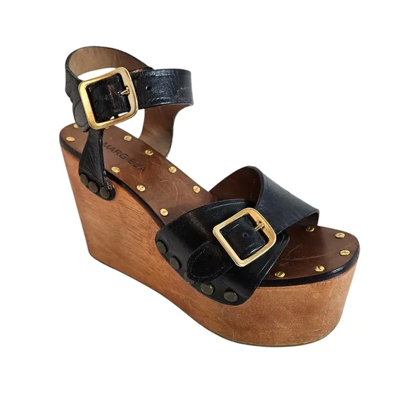 B. Margiela Shoes Black Wood Platform Wedge Sandal Heels Womens Size 8 Chunky