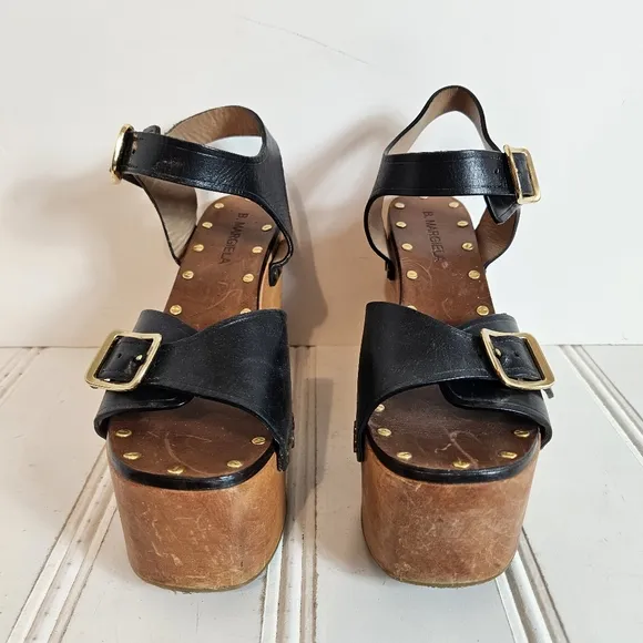 B. Margiela Shoes Black Wood Platform Wedge Sandal Heels Womens Size 8 Chunky