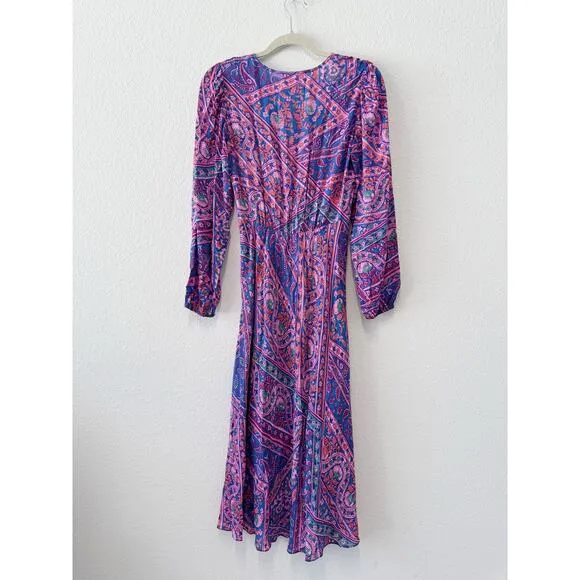 ba&amp;sh Franky Midi Dress Boho Paisley Print Long Sleeve V-Neck Size Small