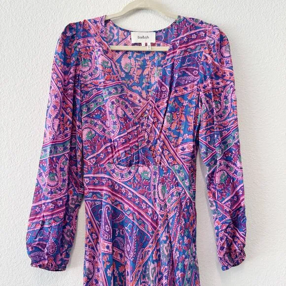 ba&amp;sh Franky Midi Dress Boho Paisley Print Long Sleeve V-Neck Size Small