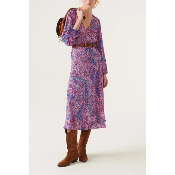 ba&amp;sh Franky Midi Dress Boho Paisley Print Long Sleeve V-Neck Size Small