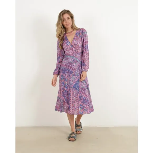 ba&amp;sh Franky Midi Dress Boho Paisley Print Long Sleeve V-Neck Size Small