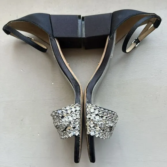 Badgley Mischka Black Fabric w/ Crystal Embellishments &amp; Block Heel Sandals US 7