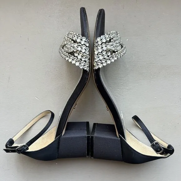Badgley Mischka Black Fabric w/ Crystal Embellishments &amp; Block Heel Sandals US 7