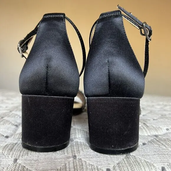 Badgley Mischka Black Fabric w/ Crystal Embellishments &amp; Block Heel Sandals US 7