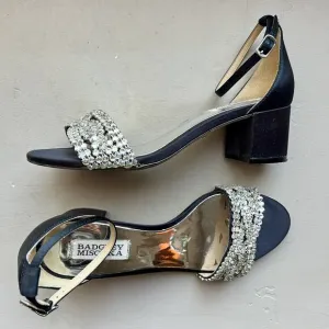 Badgley Mischka Black Fabric w/ Crystal Embellishments &amp; Block Heel Sandals US 7