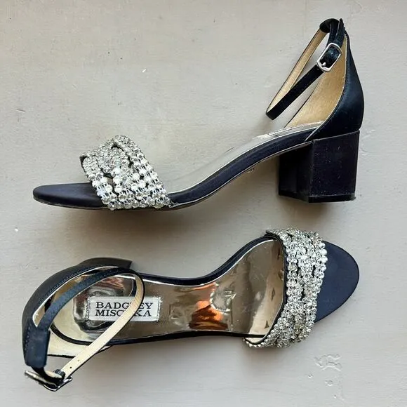 Badgley Mischka Black Fabric w/ Crystal Embellishments &amp; Block Heel Sandals US 7