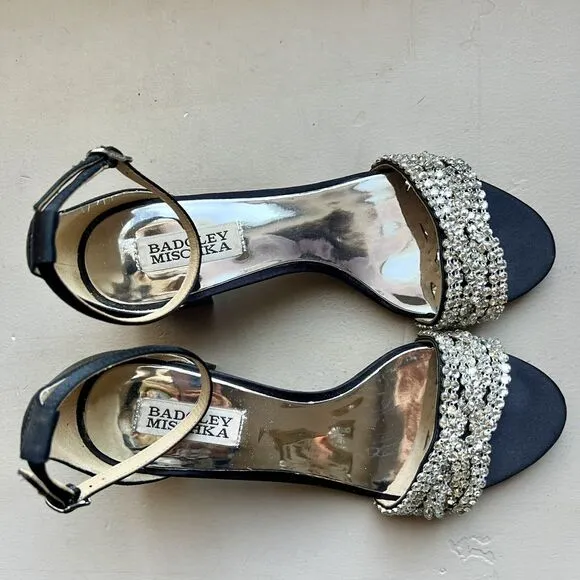 Badgley Mischka Black Fabric w/ Crystal Embellishments &amp; Block Heel Sandals US 7