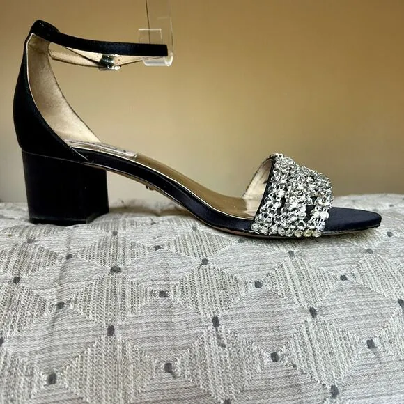 Badgley Mischka Black Fabric w/ Crystal Embellishments &amp; Block Heel Sandals US 7