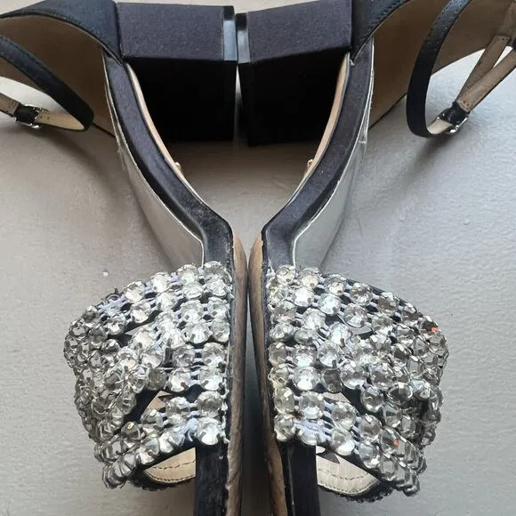 Badgley Mischka Black Fabric w/ Crystal Embellishments &amp; Block Heel Sandals US 7