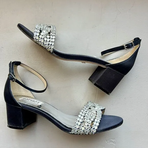 Badgley Mischka Black Fabric w/ Crystal Embellishments &amp; Block Heel Sandals US 7