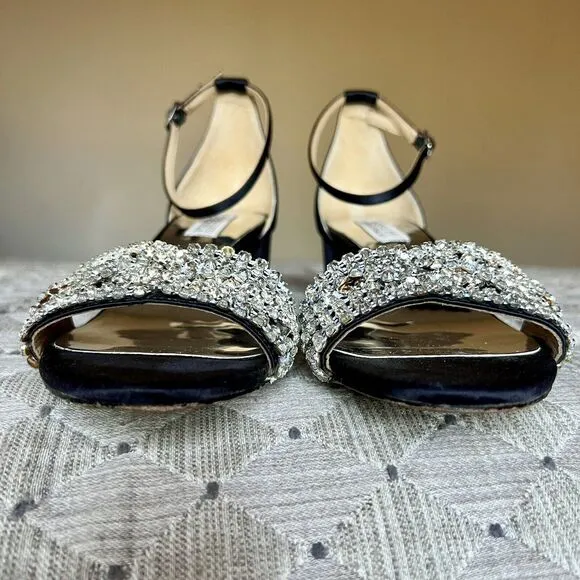 Badgley Mischka Black Fabric w/ Crystal Embellishments &amp; Block Heel Sandals US 7