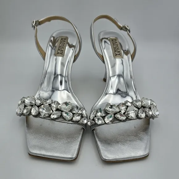 Badgley Mischka Leanna Gemstone Vamp Heeled Sandals, Silver, Women's Size 7