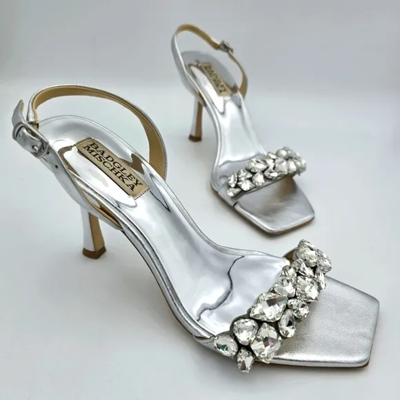 Badgley Mischka Leanna Gemstone Vamp Heeled Sandals, Silver, Women's Size 7