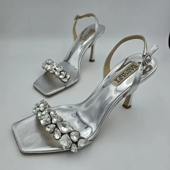 Badgley Mischka Leanna Gemstone Vamp Heeled Sandals, Silver, Women's Size 7