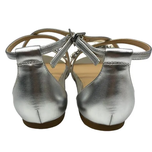 Badgley Mischka Metallic Silver Tessy  Rhinestone Embellished Flat Sandals 5