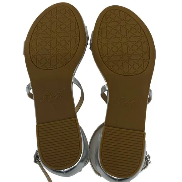 Badgley Mischka Metallic Silver Tessy  Rhinestone Embellished Flat Sandals 5