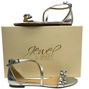 Badgley Mischka Metallic Silver Tessy  Rhinestone Embellished Flat Sandals 5