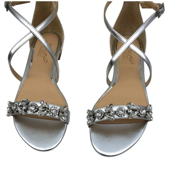 Badgley Mischka Metallic Silver Tessy  Rhinestone Embellished Flat Sandals 5