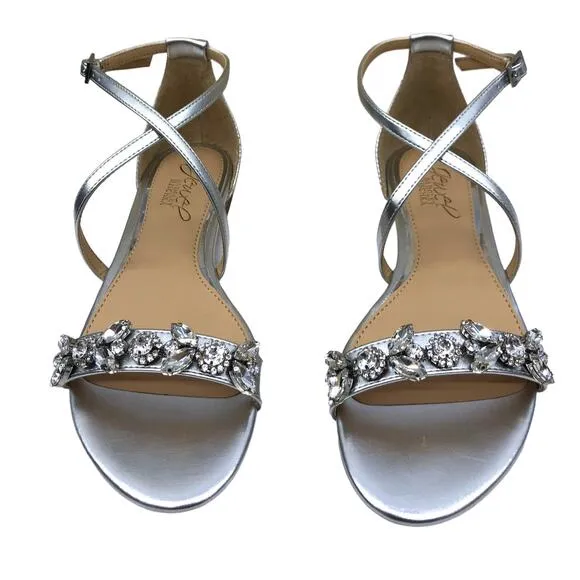 Badgley Mischka Metallic Silver Tessy  Rhinestone Embellished Flat Sandals 5