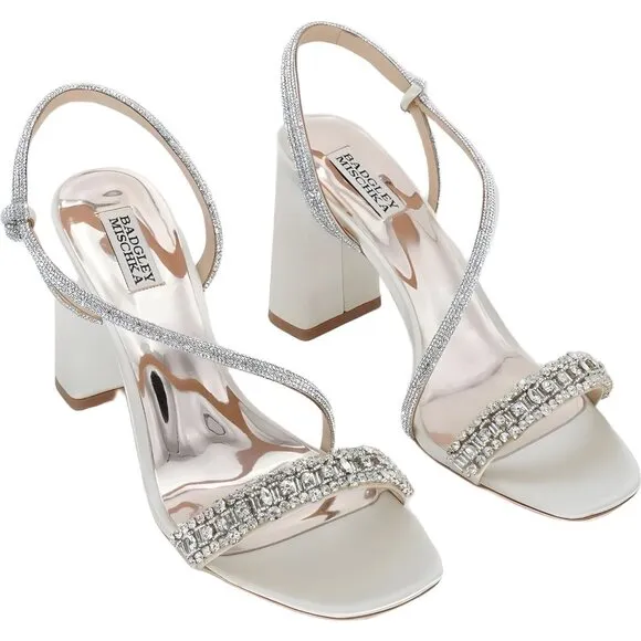 Badgley Mischka Naomi Heeled Sandal, Elegant Ivory Satin - Size 11 US