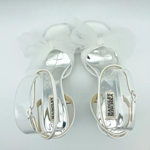 Badgley Mischka Tess Heeded Sandals US 8.5M EU 39 White Tulle Bow Bride NIB