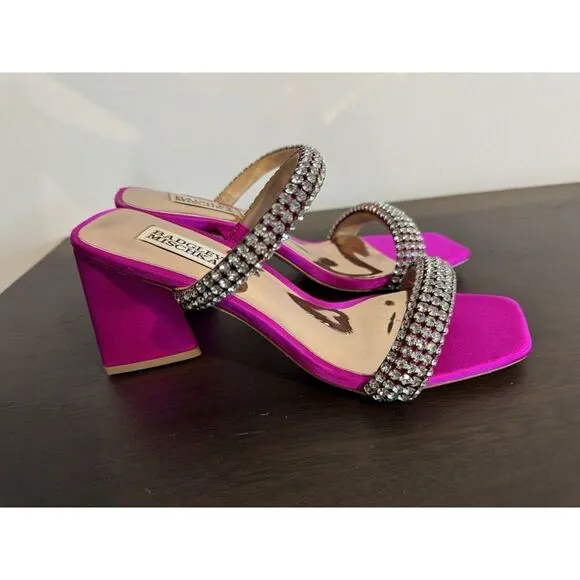 Badgley Mischka Women's Frankie Jeweled Band Heels Sandals 7.5 Fuchsia Satin