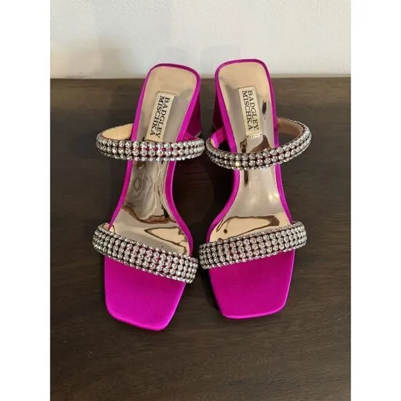 Badgley Mischka Women's Frankie Jeweled Band Heels Sandals 7.5 Fuchsia Satin