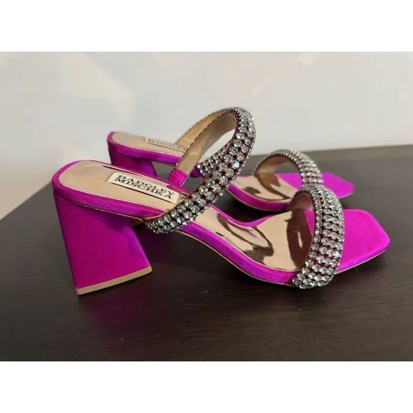 Badgley Mischka Women's Frankie Jeweled Band Heels Sandals 7.5 Fuchsia Satin