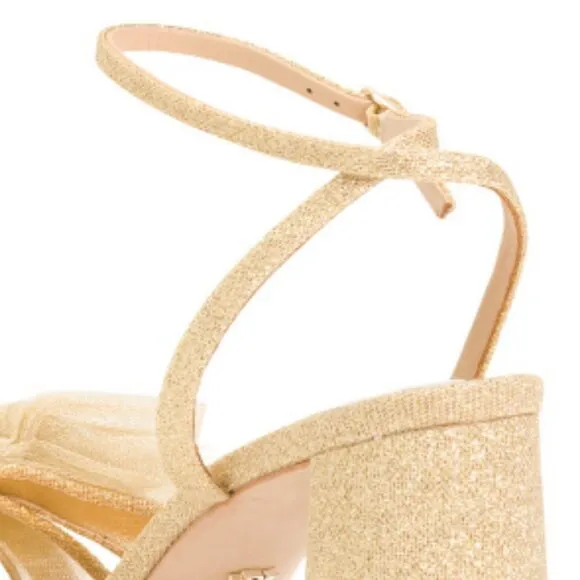 Badgley Mischka Women's Tess Tulle Bow Block Heel Sandals  gold 8T4