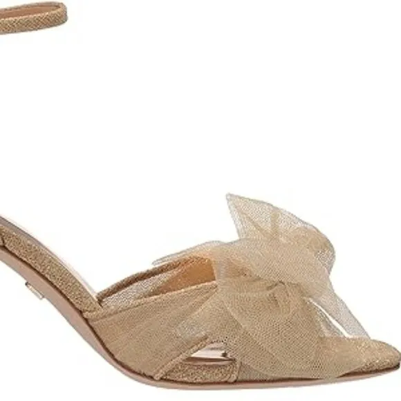 Badgley Mischka Women's Tess Tulle Bow Block Heel Sandals  gold 8T4