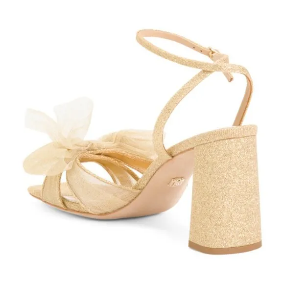 Badgley Mischka Women's Tess Tulle Bow Block Heel Sandals  gold 8T4