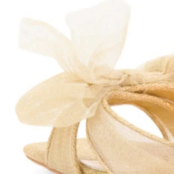 Badgley Mischka Women's Tess Tulle Bow Block Heel Sandals  gold 8T4