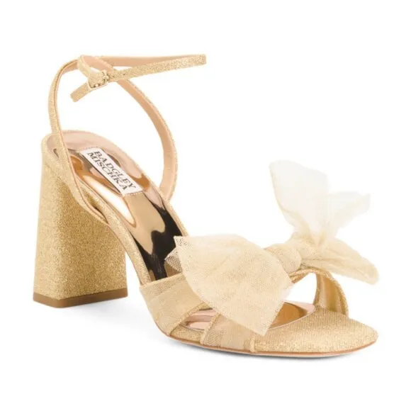Badgley Mischka Women's Tess Tulle Bow Block Heel Sandals  gold 8T4