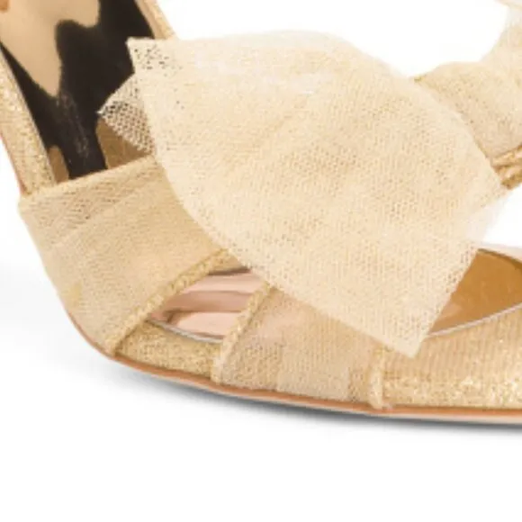 Badgley Mischka Women's Tess Tulle Bow Block Heel Sandals  gold 8T4