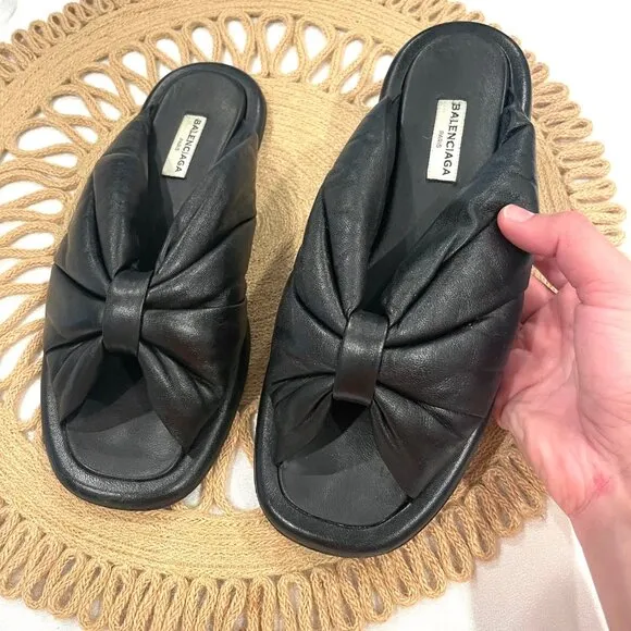 Balenciaga Black Leather Knot Slide Sandals Size EU 37