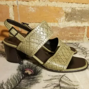 BALLY GREEN SANDALS OPEN TOE BUCKLE STACKED HEELS VTG HIPSTER OLD MONEY LEATHER